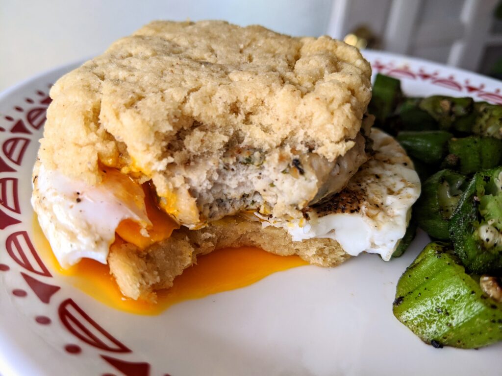 Keto Biscuit, Turkey Sausage and Egg breakfast sandwich.