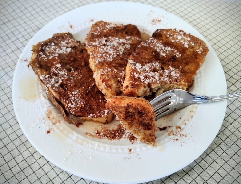 Deep-S French toast made with Keto Dinner Rolls in bread loaf form